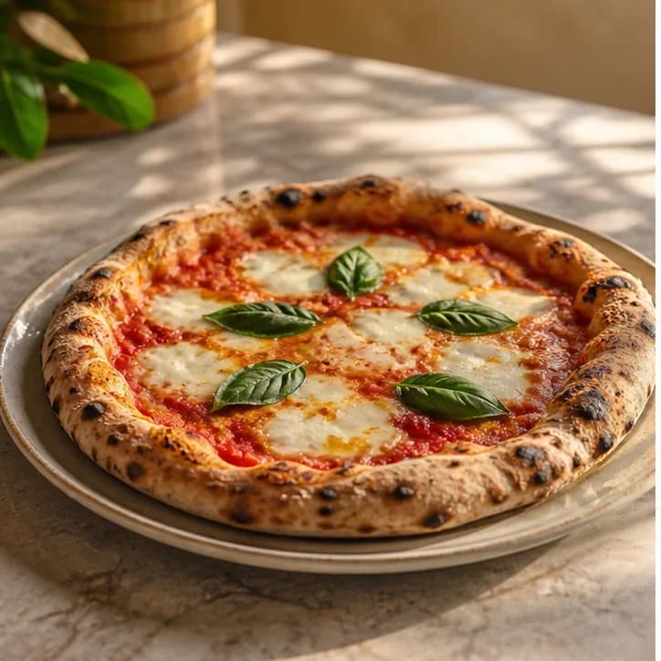 Yapay zekâ ile oluşturulmuş Margarita pizza restoran menü görseli